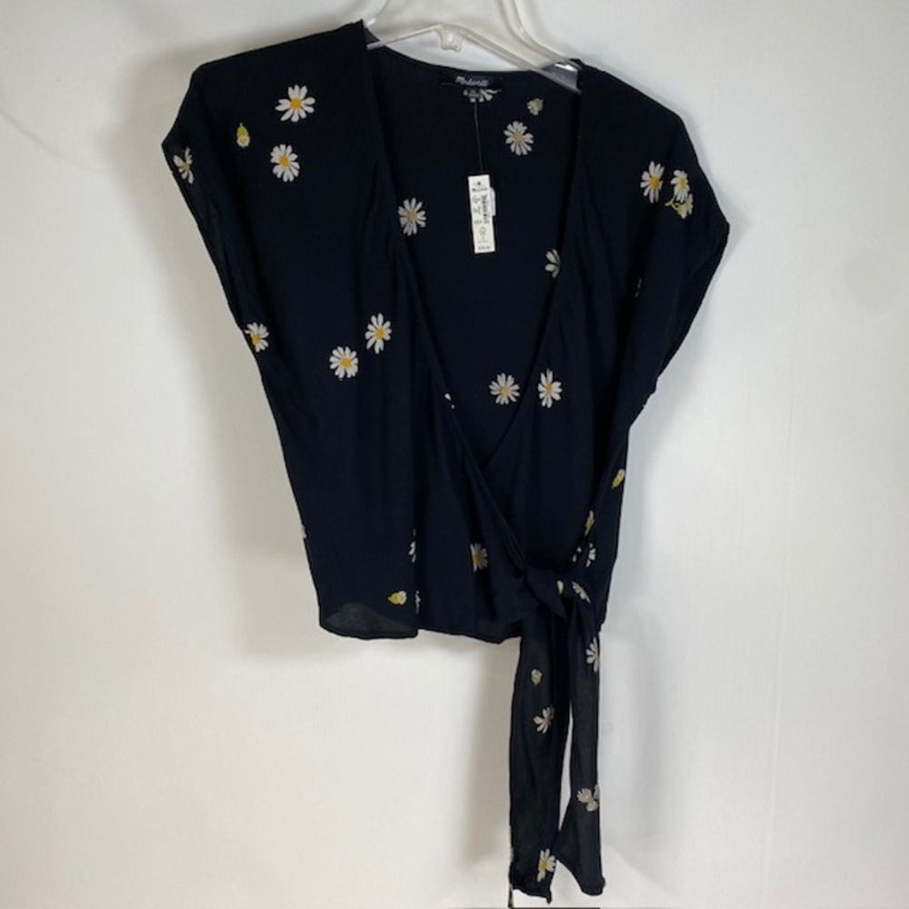 Madewell Wrap‎ Top XS Black Daisy Print Short Sleeve Tie Waist Blouse